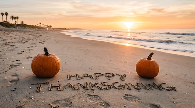 Happy Thanksgiving text written on sandy beach with pumpkins at sunset background