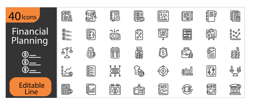 Financial Planning Line Icon Pack, Budget Management, Investment, Savings, Financial Strategy, Wealth Management, Editable Stroke, Pixel Perfect
