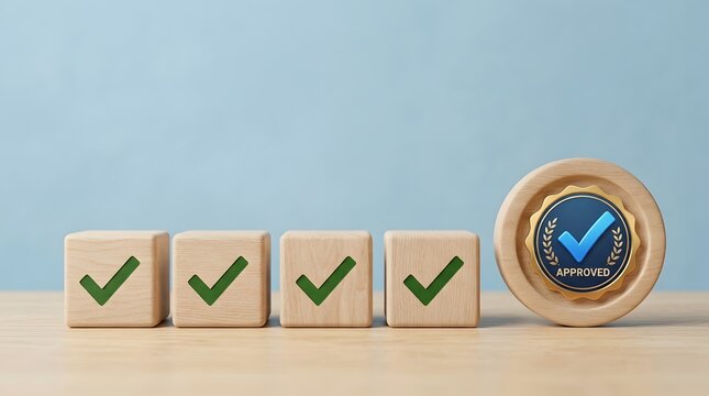Checklist wooden cubes with checkmarks and certified quality seal on light blue background