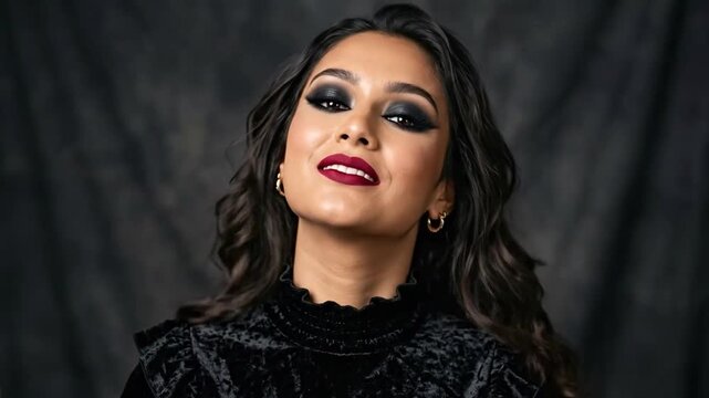 Woman with bold makeup smiles while adjusting her black velvet top