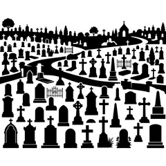Obraz premium A black silhouette of a graveyard with many stone markers