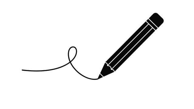 Black pencil silhouette drawing a loopy line on white background symbolizing creativity sketching and artistic expression in a minimal style.