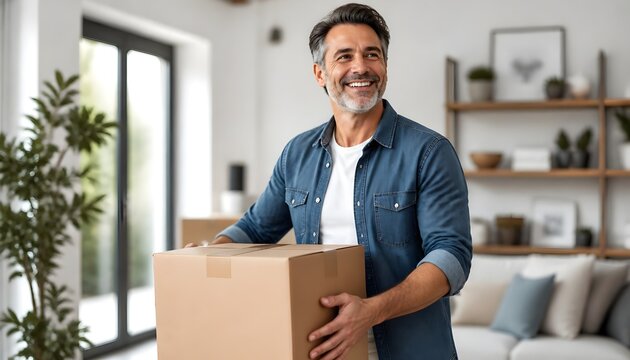 Middle-aged Man Smiling While Carrying a Cardboard Box in a Bright Room