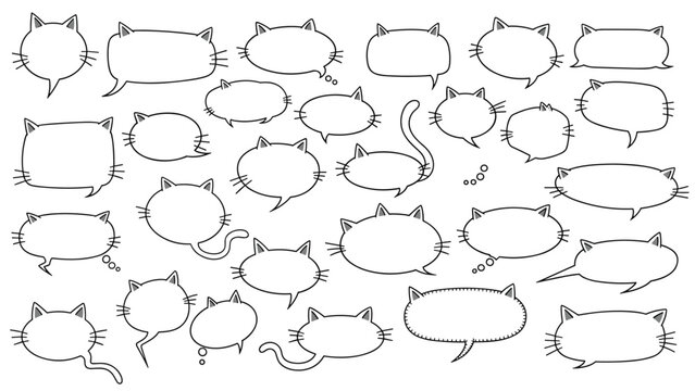 Large set of playful speech bubbles designed in the shape of cat heads with ears and whiskers for cute messaging.