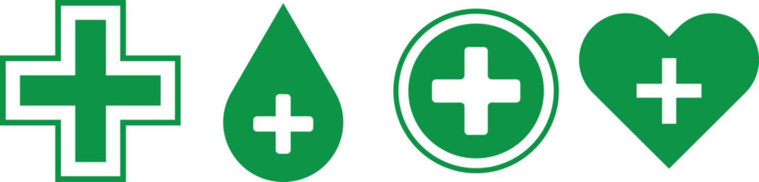 Green medical icons with plus signs