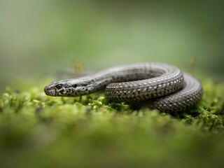 Fototapeta premium Slow worm coiled on green moss for wildlife photography and nature concepts