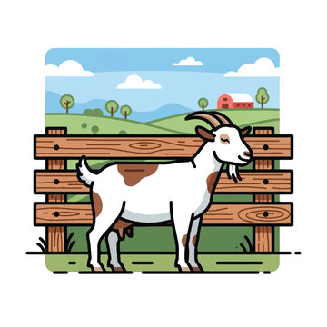 White Goat Standing by Wooden Fence.