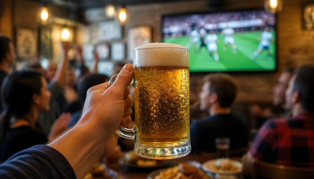 Watching Soccer Match with Beer in a Lively Sports Bar Filled with Fans