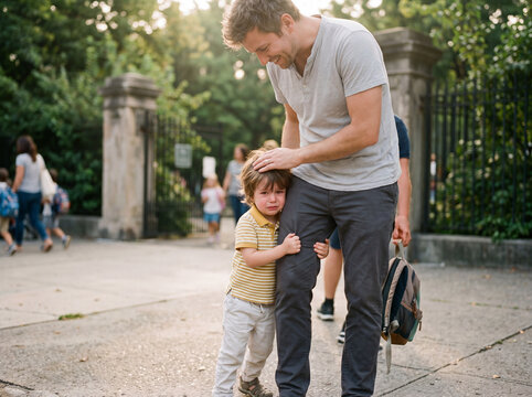 Caucasian father comforting his scared son on her first day of school
