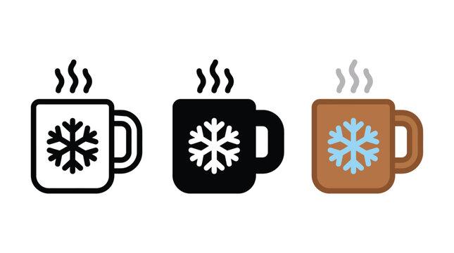 Set of three coffee mugs with snowflake designs for winter hot drinks and holidays Vector