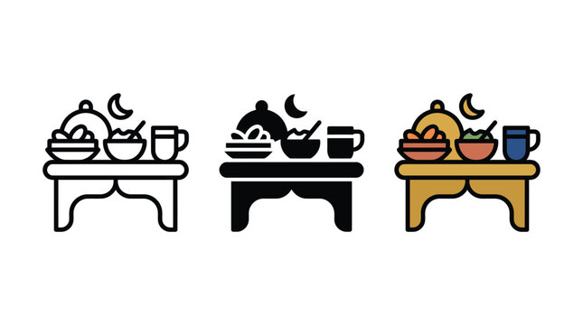 Ramadan iftar dinner table icons with food dishes and crescent moon Vector