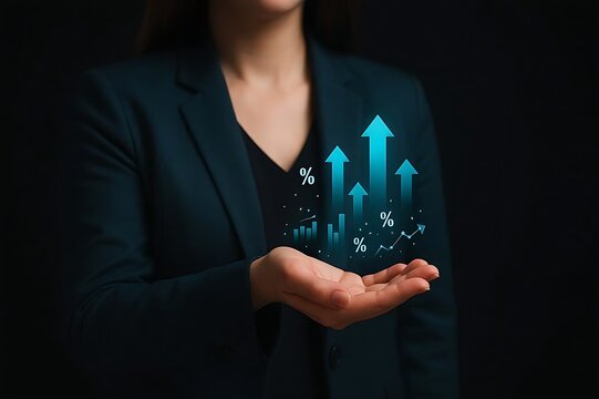 Businesswoman Holding Glowing Upward Arrow Chart with Percentage Symbols