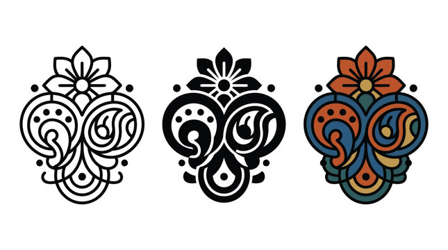 Set of floral paisley design elements in outline black silhouette and colorful decorative styles Vector