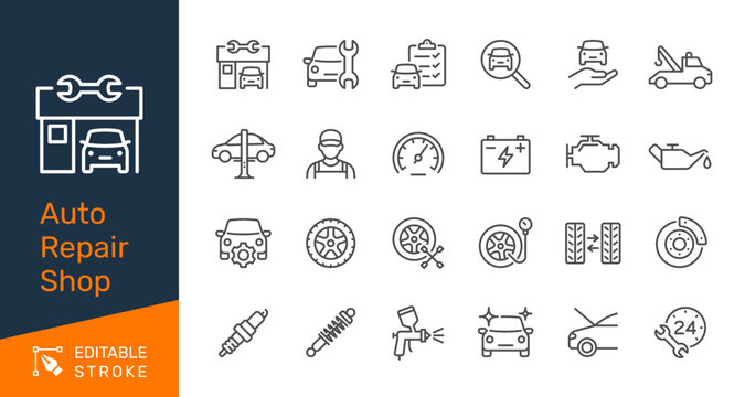 Auto repair shop thin line icon collection for auto repair, garage maintenance and vehicle mechanic concept. Editable stroke. Pixel perfect.