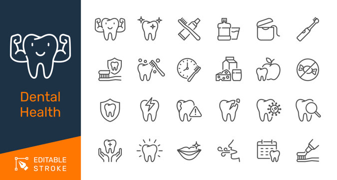 Dental Health thin line icon collection for teeth hygiene, stomatology clinic and dentistry care concept. Editable stroke. Pixel perfect.