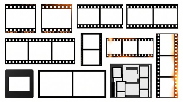 Photo strip frame. Camera roll frames in different styles. Vintage movie filmstrip. Overlay long film border. Photo booth for social media, lifestyle video. Vector set