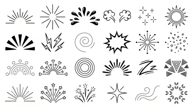 Doodle line sparkles and rays. Hand drawn explosion lines confetti, sun burst, decorative effect surprise elements. Sketch comic celebrating splash and sign. Vector set