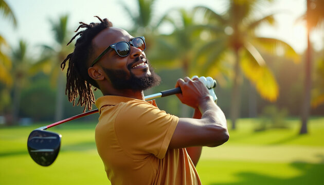 Man with dreadlocks swings golf club on green course. Player wears sunglasses, enjoys sunny day. Tropical palm trees in background. Sport, leisure activity, focus.