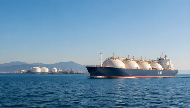 Massive Lng Carrier Navigates Calm Waters Toward Industrial Port Facilities