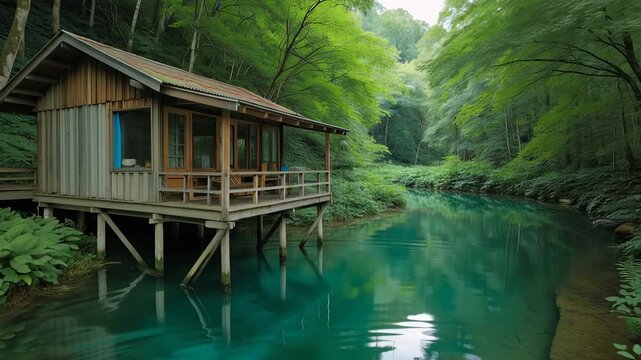 Luxury treehouse cabin in lush green forest with wooden deck and waterfall backdrop serene tranquil escape