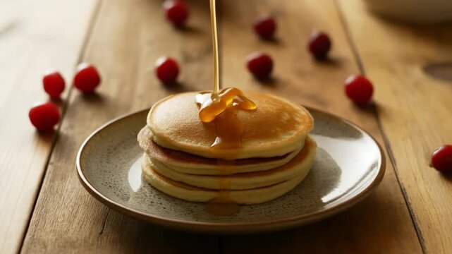 Honey pours onto stacked golden pancakes on ceramic plate, creating glossy stream, rich glaze, sweet breakfast appeal, and appetizing rustic dessert presentation