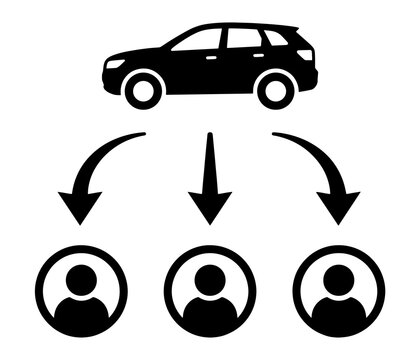 Car rideshare service illustration with vehicle connecting to multiple passengers rideshare transport