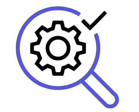 Gear inside a magnifying glass with a check mark icon signifying optimized process maintenance, magnifying
