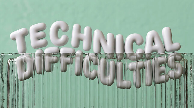 Technical difficulties sign with silver balloon letters on a light green background