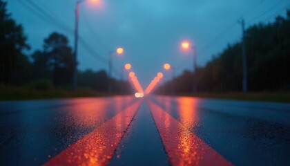 Naklejka premium Rainy asphalt road surface reflects glowing orange street lights during evening twilight. Empty highway stretches into dark blue horizon under cloudy sky. Wet pavement shows perspective lines from