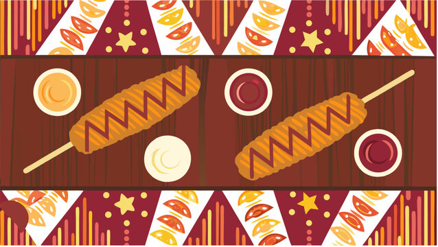 Flat vector illustration of crispy corn dogs served with dipping sauces on a patterned background for a festive snack menu design with set against decorative geometric background