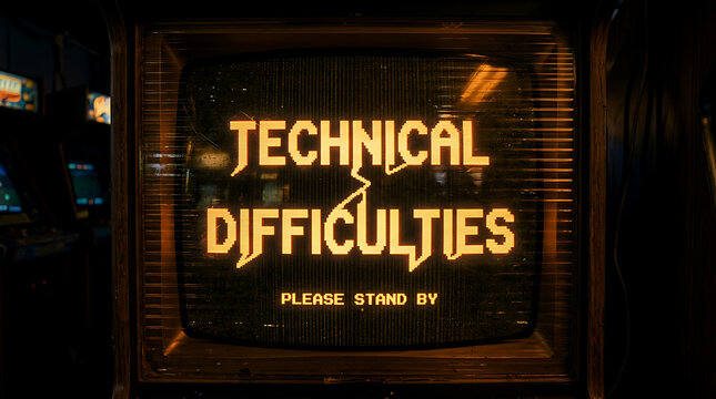 Technical difficulties sign with vintage retro style text on a dark television screen