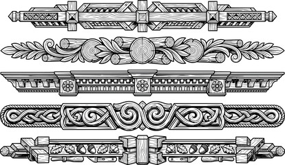 Set of decorative wooden carved borders and architectural elements for interior design transparent background © SampaRani