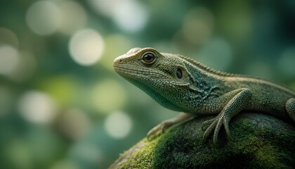 Fototapeta premium Detailed Close-up of a Lizard Resting on a Mossy Rock in a Natural Setting