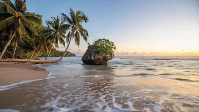 Tropical beach paradise with palm trees and rocky outcrop at golden hour serene coastal landscape drone view