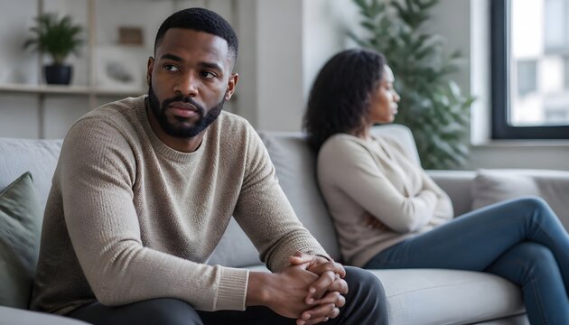 African American Couple Experiencing Relationship Conflict Sitting Separately on Sofa