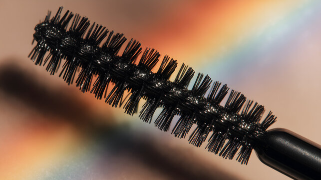 Black mascara brush wand macro closeup on iridescent holographic rainbow background