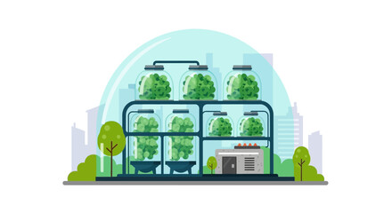 Fototapeta premium Modern Urban Vertical Farming System Illustration in Glass Dome, Sustainable Agriculture and Agrotechnology Concept with City Skyline Background