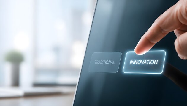 Finger Presses Glowing Button Labeled Innovation, Symbolizing Future Forward Thinking
