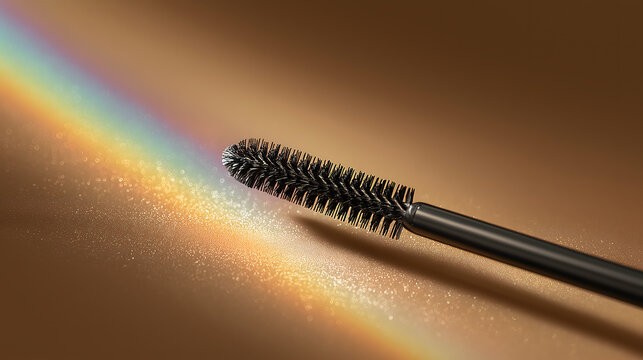 Black mascara brush wand with rainbow prism light and glitter on brown background