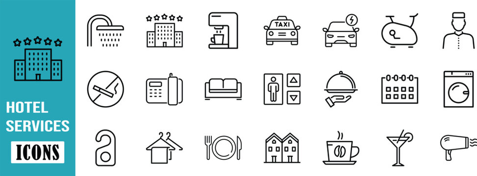 Hotel services amenities vector icons. hotel icon set, taxi icon set, shower icon set