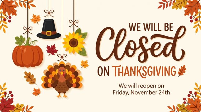 Holiday closure announcement for thanksgiving with fun cartoon illustrations of turkey pumpkin hat and sunflower hanging decorative elements.