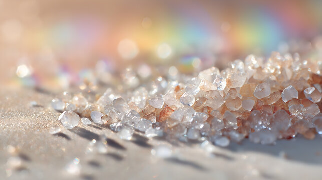 Sparkling crystal diamonds scattered on surface with pearlescent iridescent bokeh background