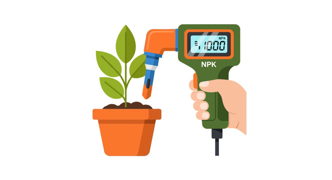 Digital NPK Soil Sensor Measuring Plant Nutrients Vector Illustration for Smart Agriculture, Precision Farming, and Professional Plant Care Monitoring