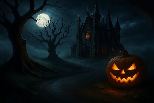 Spooky Halloween Jack O Lantern Pumpkin with Gothic Castle at Night Full Moon