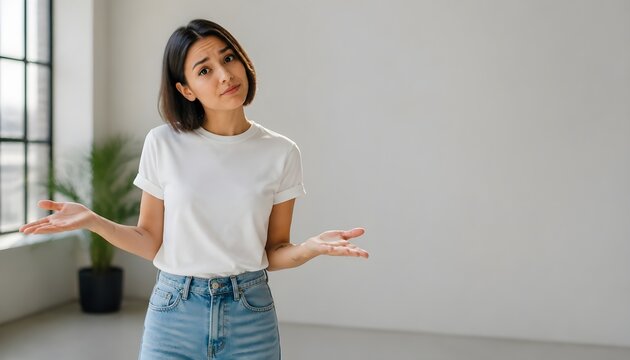 Young Woman Shrugging with Uncertain Expression in Casual Attire