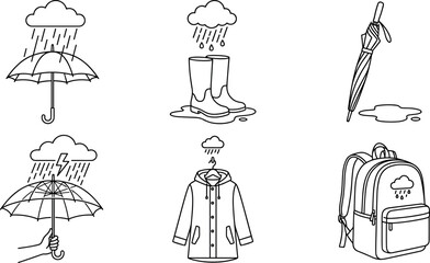 Fototapeta premium Rainy Day Fashion Essentials Line Art Icon Set featuring Umbrella, Raincoats, Waterproof Boots, and School Backpack for Monsoon Weather Graphic Designs