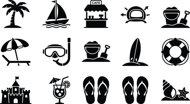 Beach vacation and summer holiday solid icon set for travel agency branding and web design