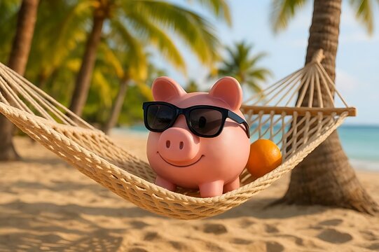 Pink Piggy Bank with Sunglasses Relaxing on a Beach Hammock Retirement Concept