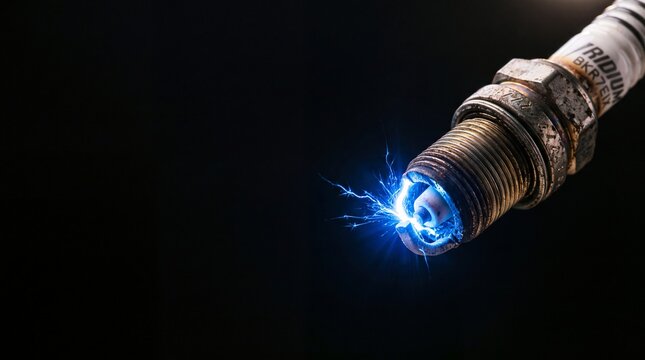 Powerful blue electric spark jumping between electrodes of iridium spark plug for combustion engine against dark black background.