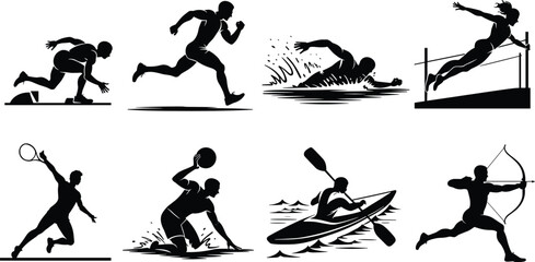 Summer sports disciplines track and field water athletics vector icon set black silhouette isolated on white background © MSTJOSNA